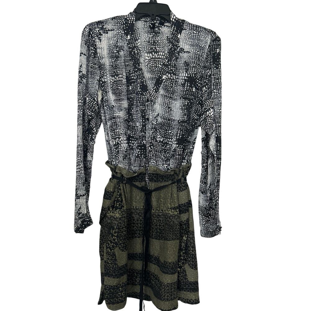 EDUN 100% Silk Abstract Print Tie Waist Dress Neutral Safari Mini Ethical M